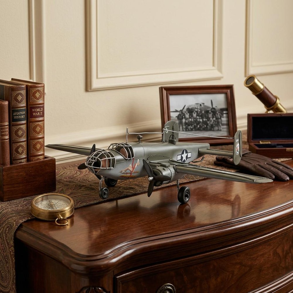 4" Gray and White Metal Hand Painted c1941 North American B-25 Mitchell Bomber Model Airplane