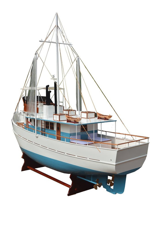 110" Blue And White Solid Wood Hand Painted Model Boat