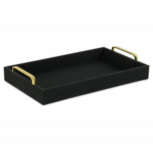 16" Black Wood And Linen Serving Tray With Handles