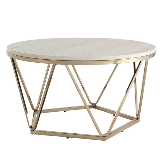 33" Champagne Solid Manufactured Wood And Metal Round Coffee Table