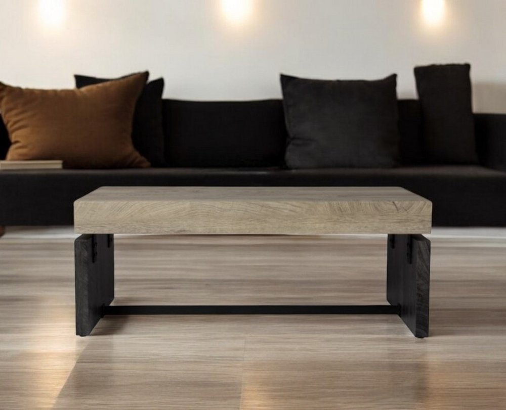 44" Natural And Black Chunky Wood With Iron Coffee Table