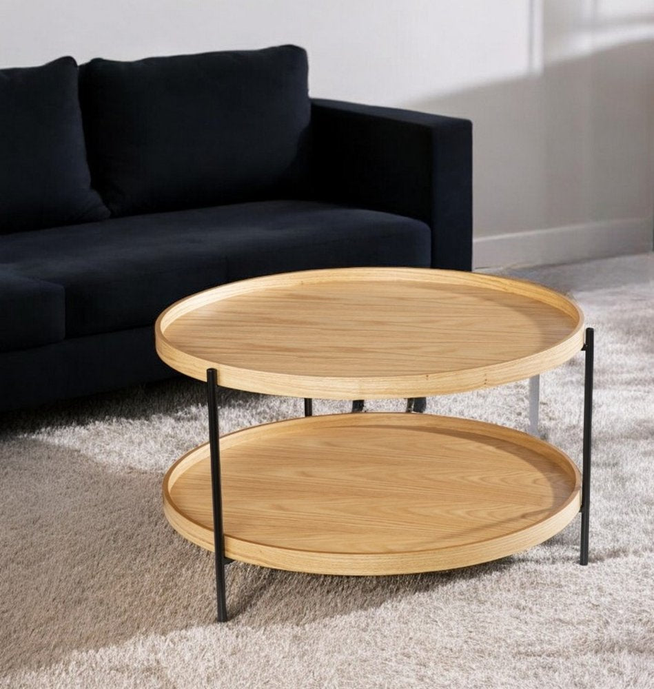 33" Natural and Black Wood and Metal Round Coffee Table