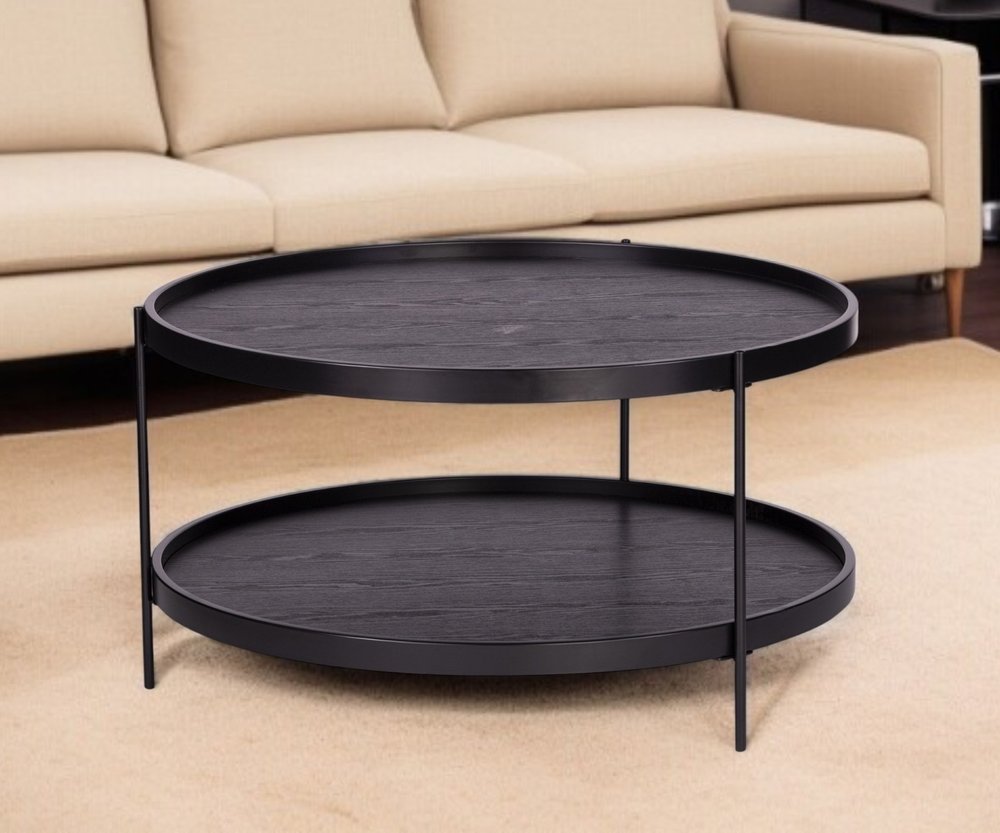 33" Black Manufactured Wood And Metal Round Coffee Table