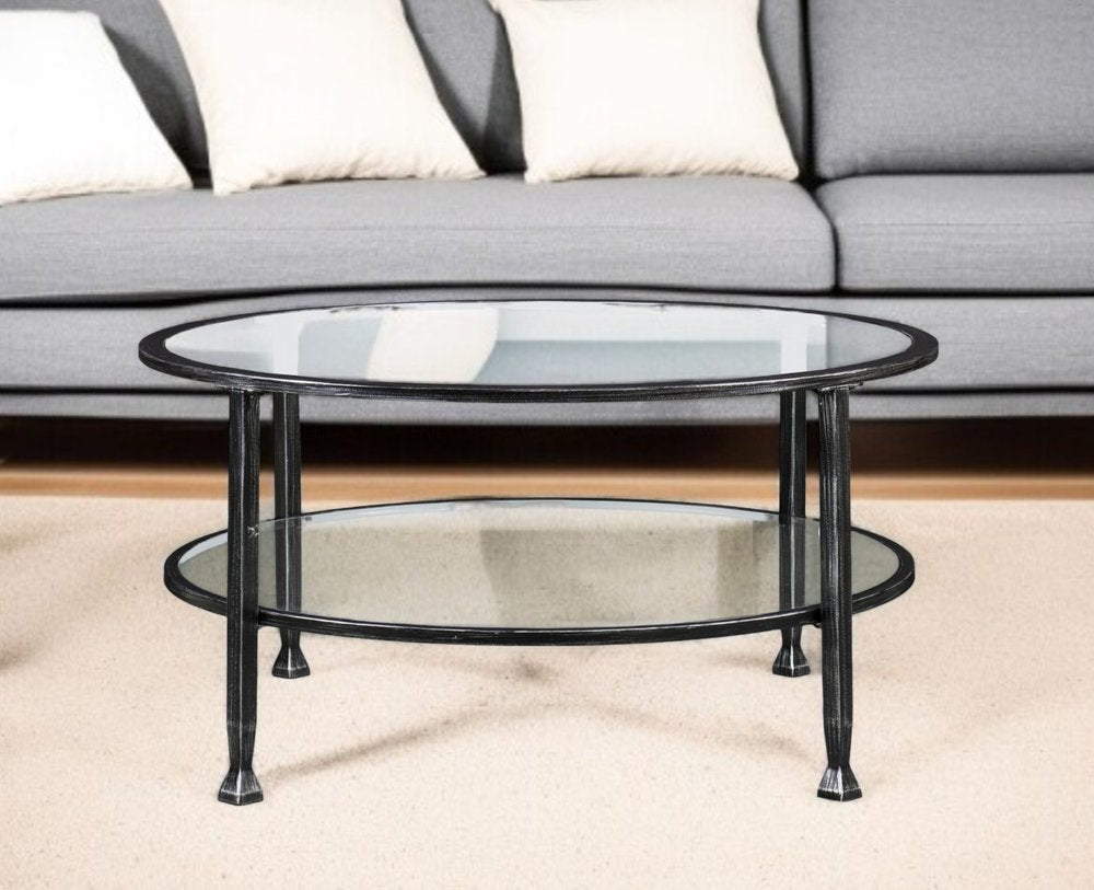 36" Black Glass And Metal Round Coffee Table