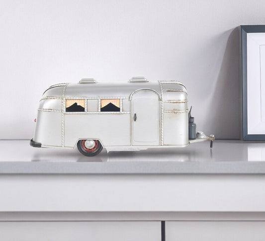 6" Silver Metal Hand Painted Silver Camping Trailer Model Car