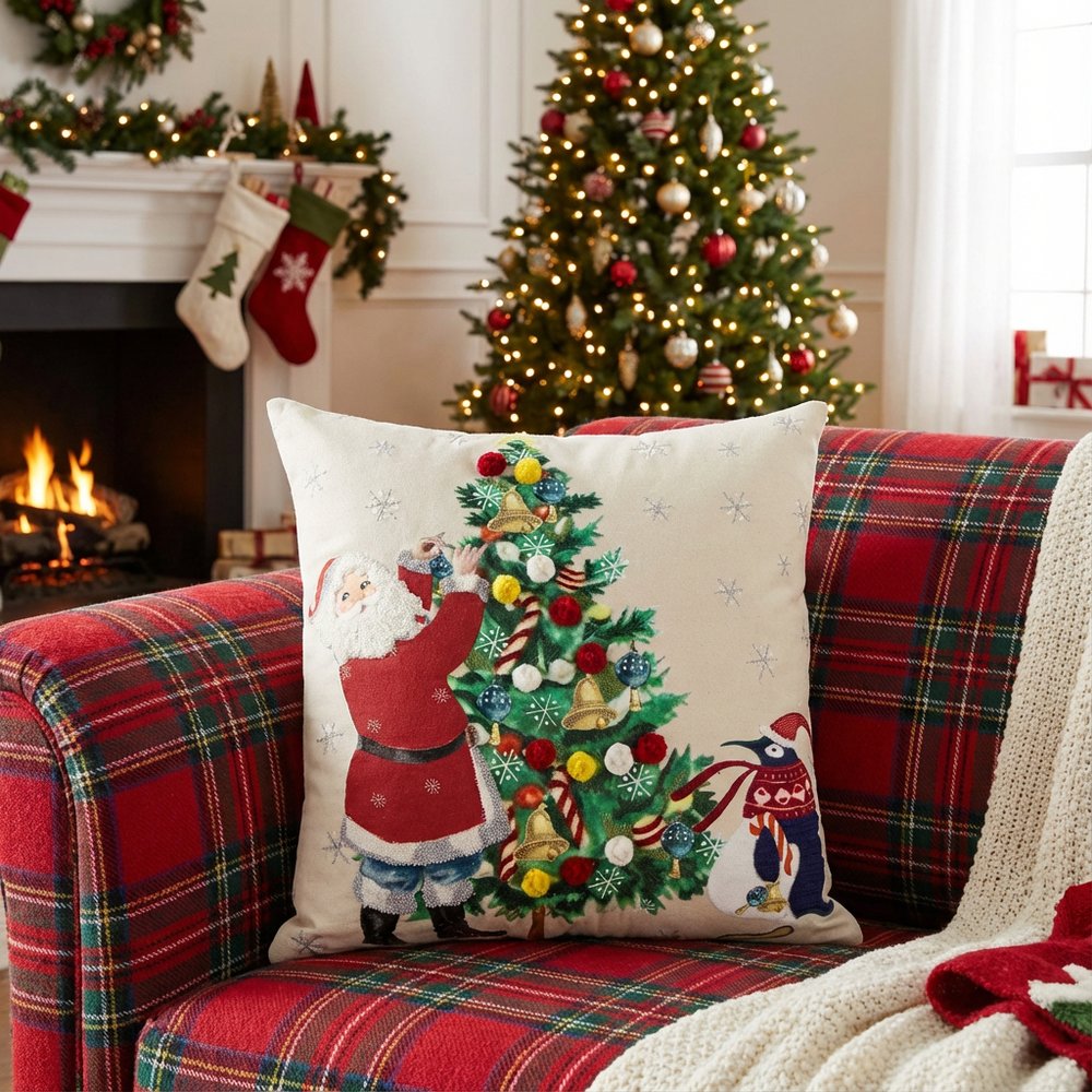 Ivory Vintage Santa and Penguin Christmas Throw Pillow