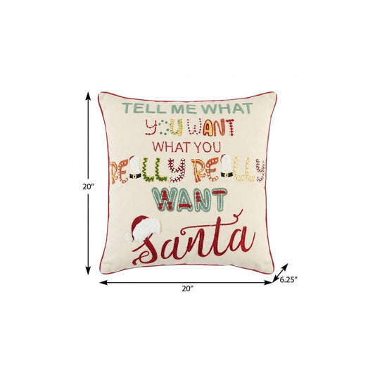 20" Ivory Christmas Cotton Throw Pillow with Embroidery