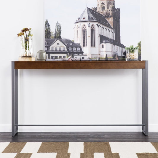 54" Dark Brown and Gunmetal Wood and Metal Sled Console Table