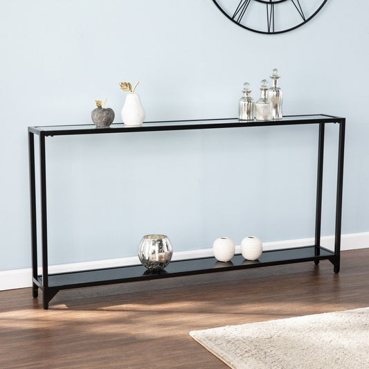 56" Clear and Black Glass Frame Console Table With Shelves