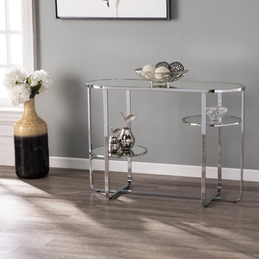 42" Silver Mirrored Glass and Iron Oval Cross Leg Console Table With Two Shelves