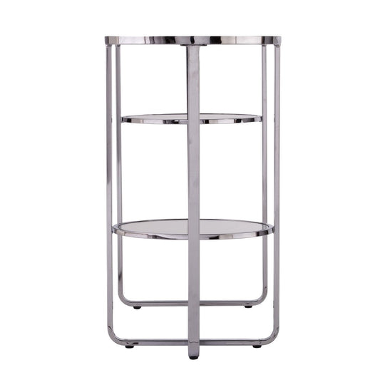 42" Silver Mirrored Glass and Iron Oval Cross Leg Console Table With Two Shelves