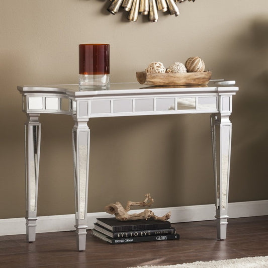 45" Silver Mirrored Glass and Wood Free Form Console Table