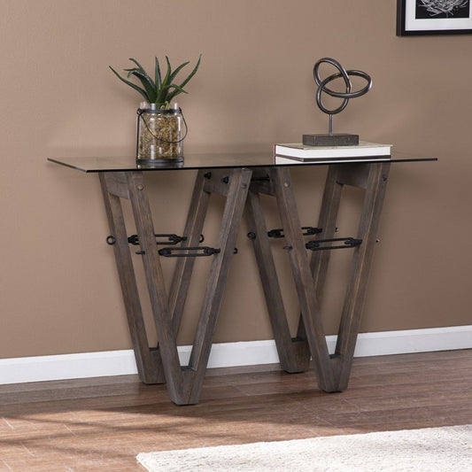 46" Clear Gray and Brown Glass and Solid Wood Abstract Console Table