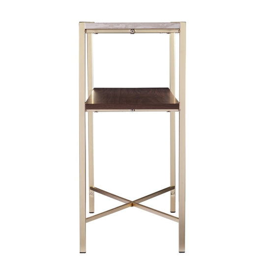 47" White Brass and Brown Faux Marble Console Table With Shelf