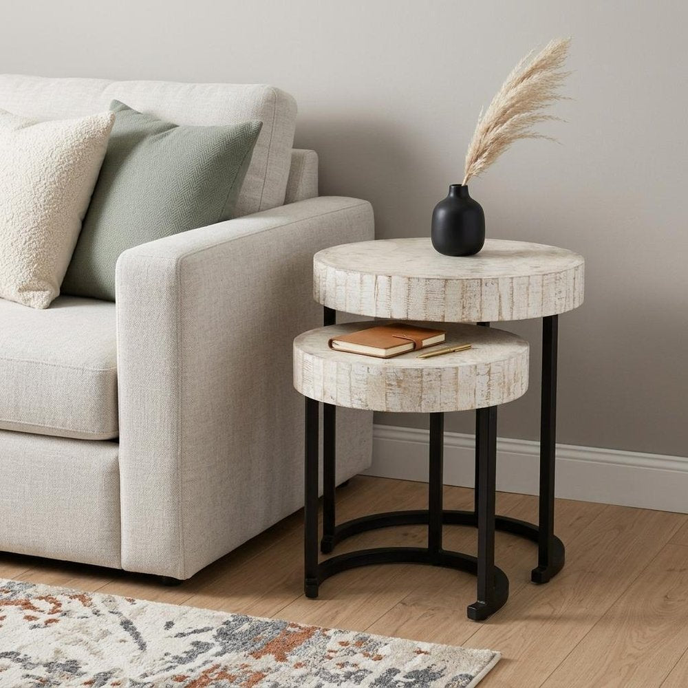 Set Of Two 21" White Solid Wood And Iron Round Nested Tables