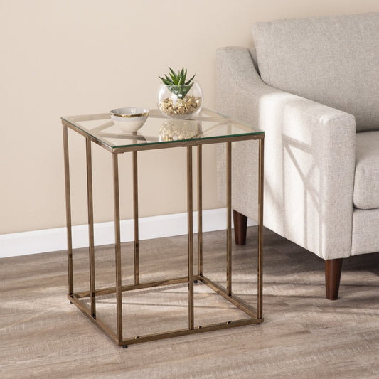 24" Champagne Glass And Iron Square End Table