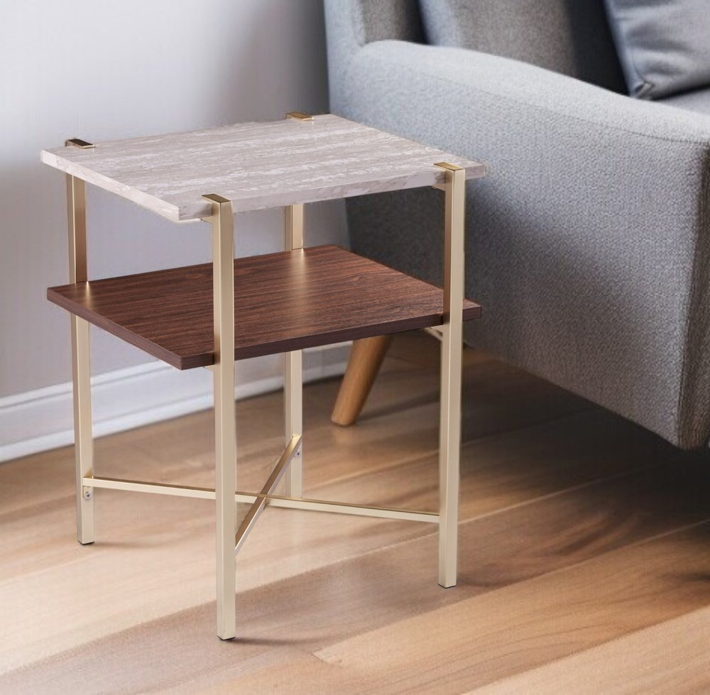 24" Brass Manufactured Wood And Iron Square End Table With Shelf