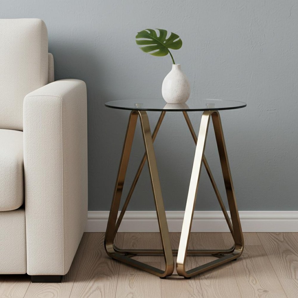 24" Champagne Glass And Iron Round End Table