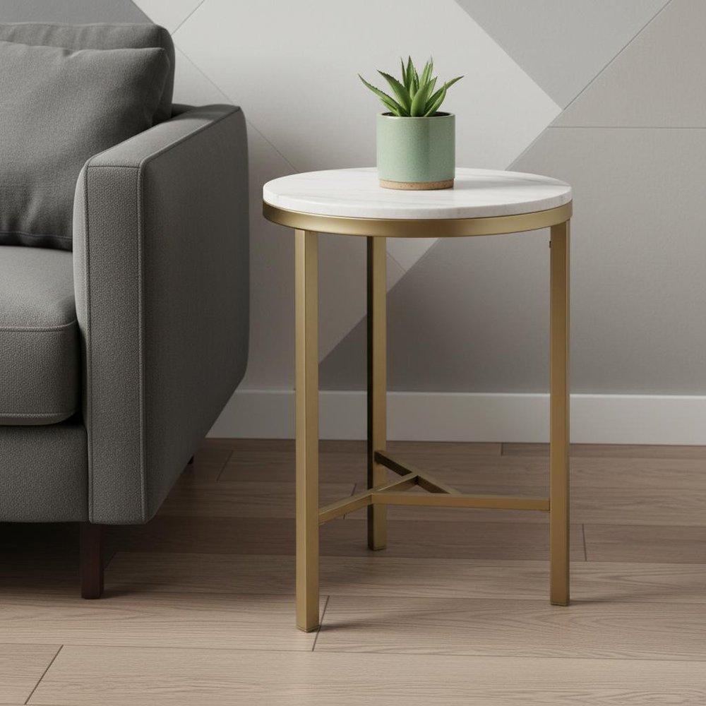 24" Champagne Genuine Marble Look And Iron Rectangular End Table