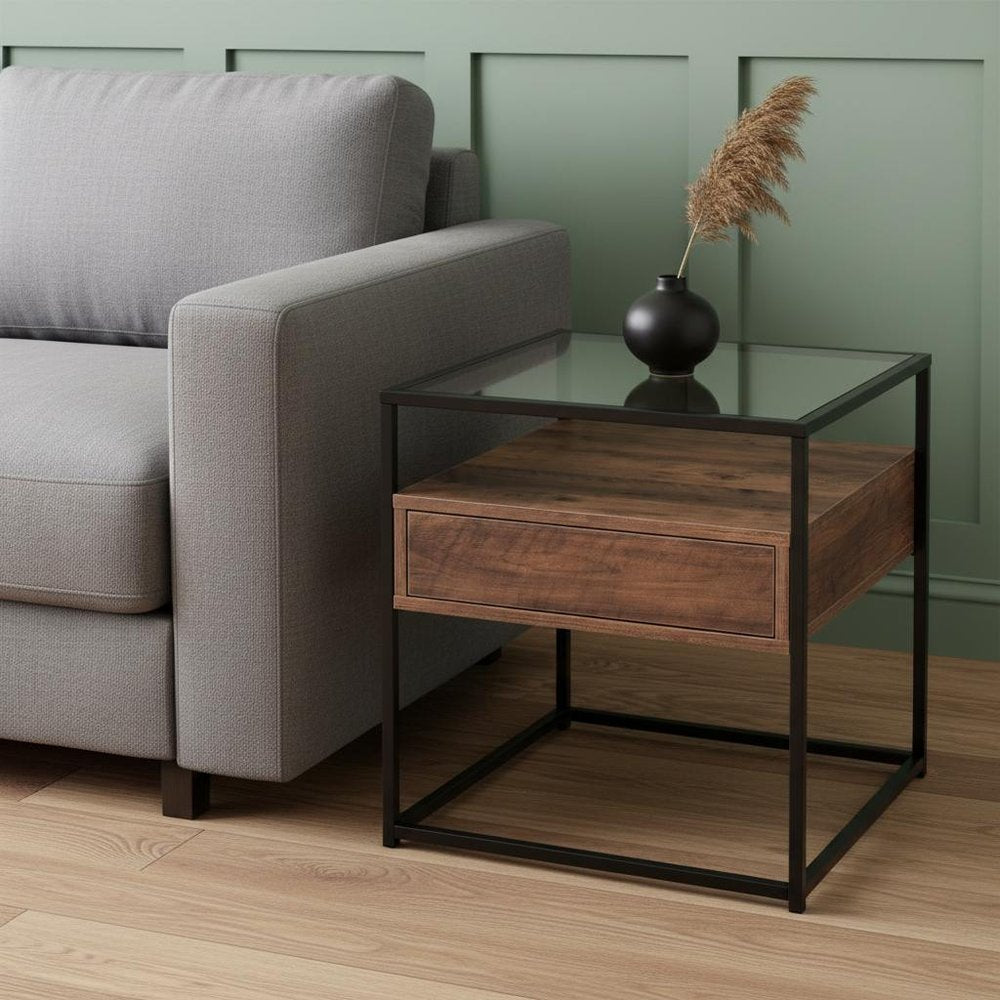 22" Black Glass And Iron Square End Table With Drawer With Shelf