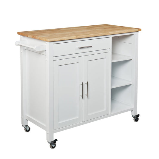 42" Natural and White Butcher Block and Iron Rolling Kitchen Cart With Storage
