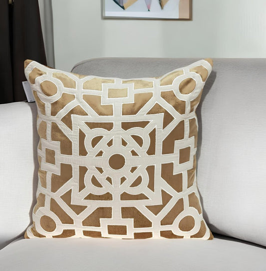18" Gold And Ivory Geometric Velvet Throw Pillow