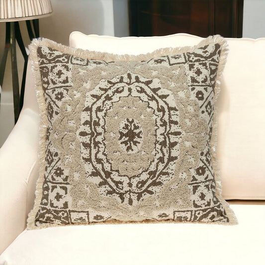 18" Beige And Brown Geometric Cotton Blend Throw Pillow with Fringes And Texture