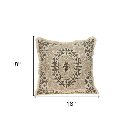 18" Beige And Brown Geometric Cotton Blend Throw Pillow with Fringes And Texture