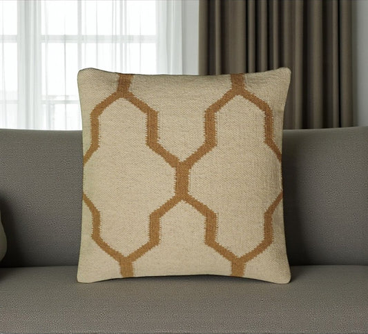 18" Natural And Gold Quatrefoil Cotton Throw Pillow