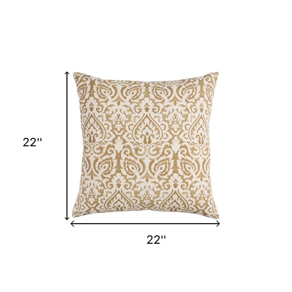 22" Blue And Natural Damask Cotton Throw Pillow