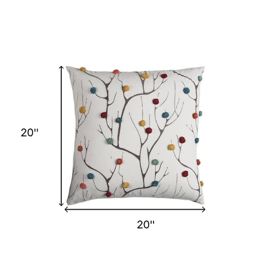 20" White And Black Coral Indoor Outdoor Throw Pillow With Pompoms