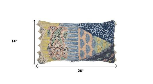 14" X 26" Yellow And Light Blue No Pattern Cotton Throw Pillow