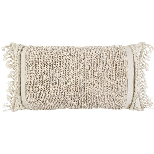 Ivory Braided Stripe Macrame Fringe Lumbar Pillow