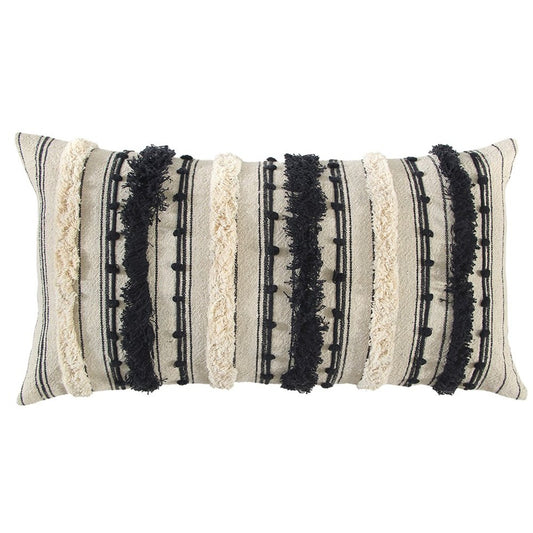 14" X 26" Beige And Black Cotton Throw Pillow With Fringe And Texture