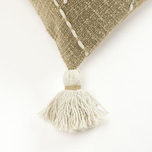 Khaki Cream Kantha Stitch Tasseled Throw Pillow