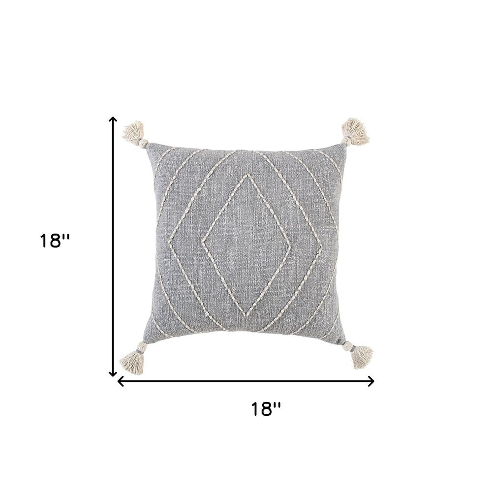 Khaki Cream Kantha Stitch Tasseled Throw Pillow