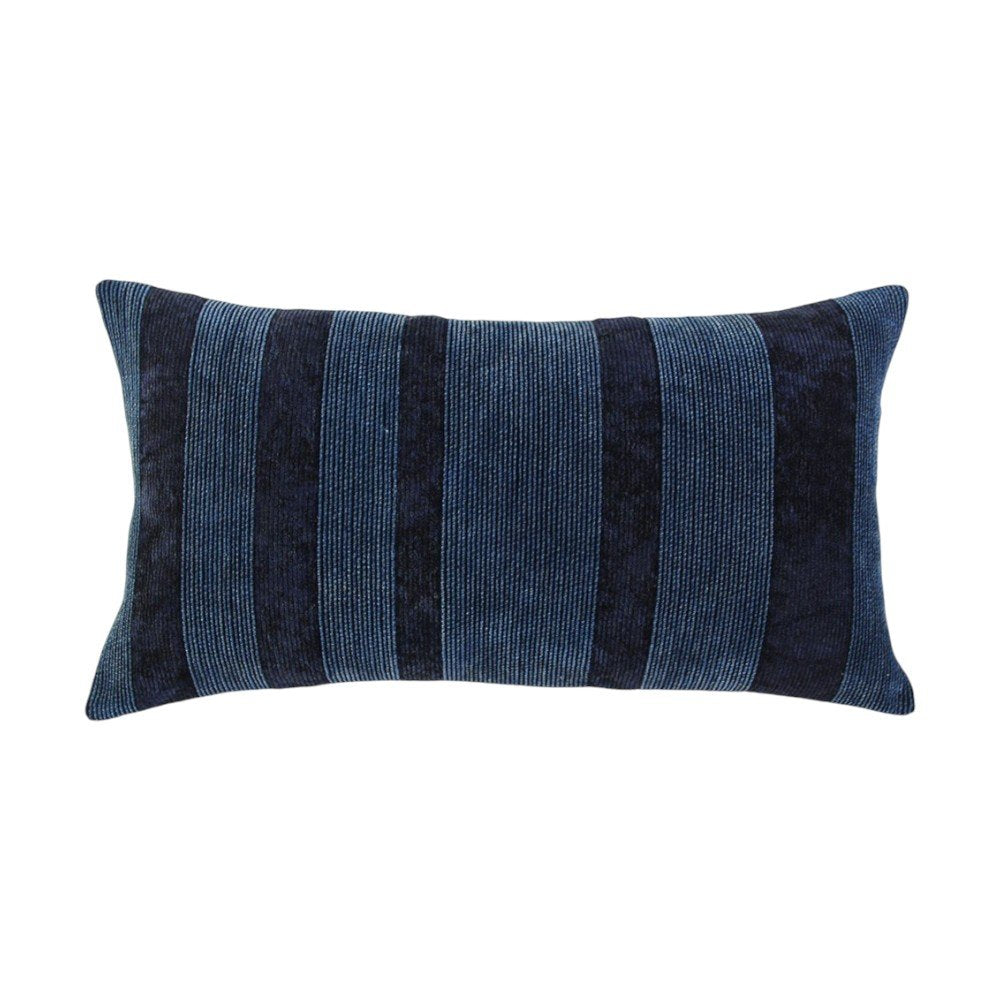 14" X 26" Navy Blue Lumbar Striped Cotton Throw Pillow
