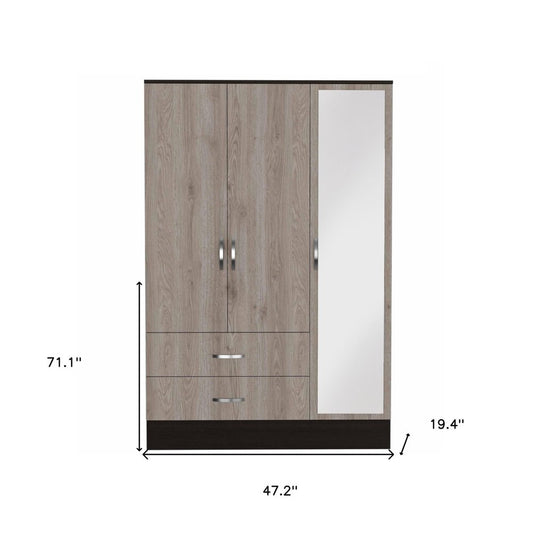 71" Brown And Black Wood Mirrored Three Door Two Drawer Combo Dresser