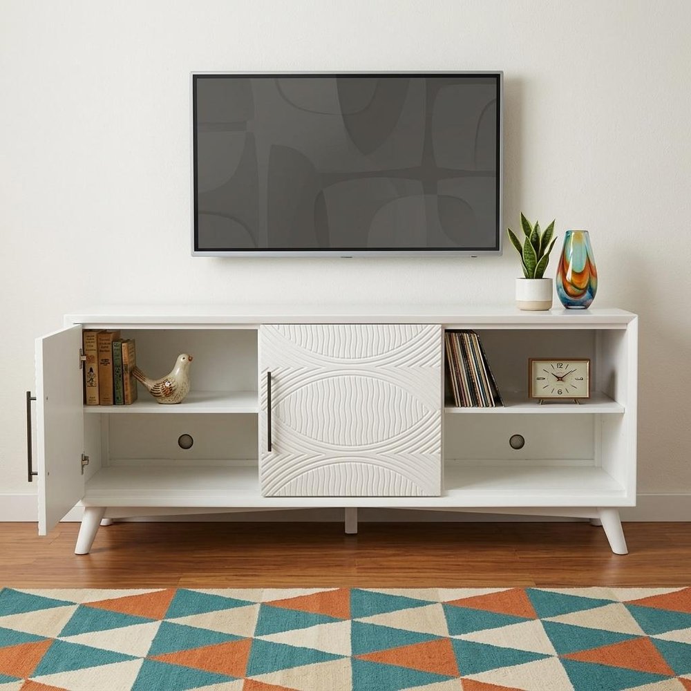 64" White Pine Solid Wood Open Shelving TV Stand