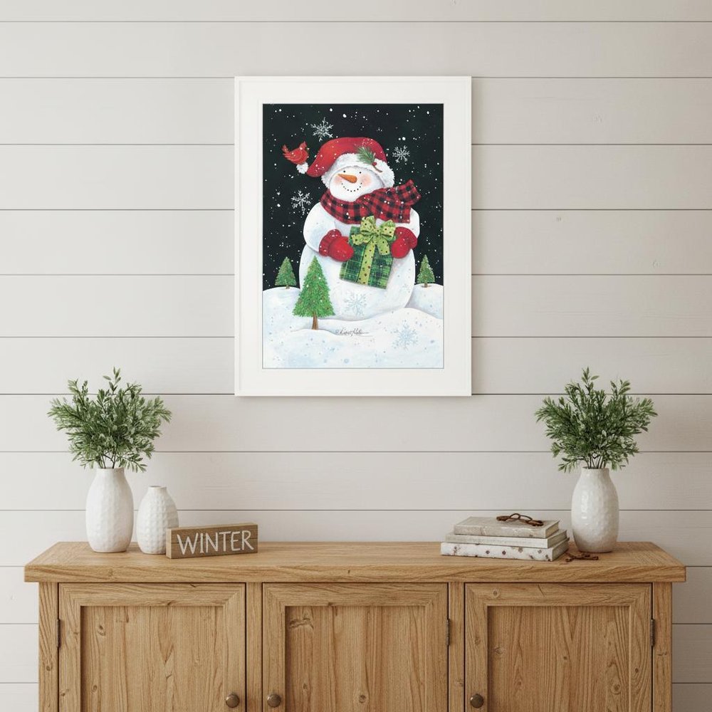 Plaid Stocking Hat Snowman White Framed Print Wall Art