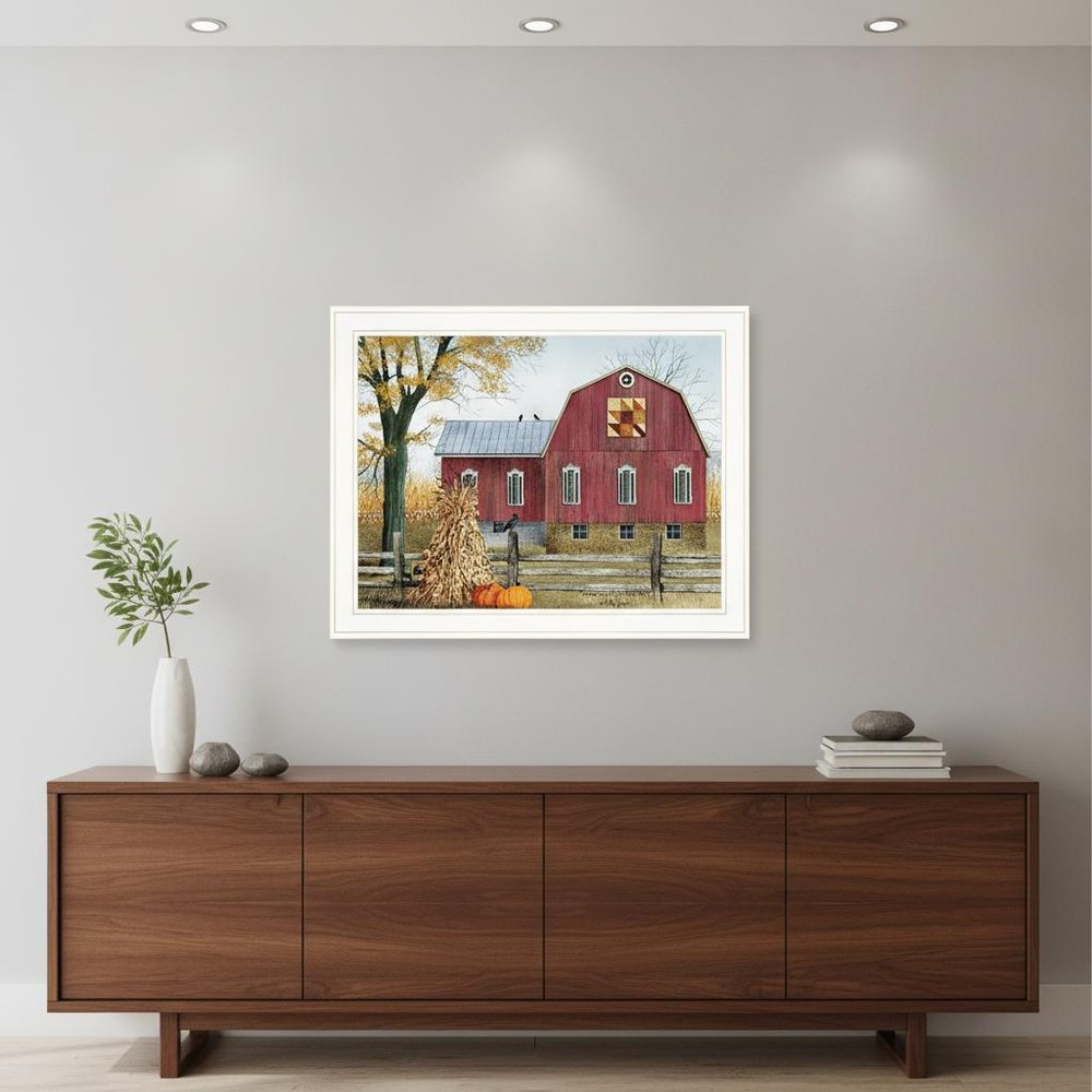 Autumn Leaf Quilt Block Barn 1 White Framed Print Wall Art