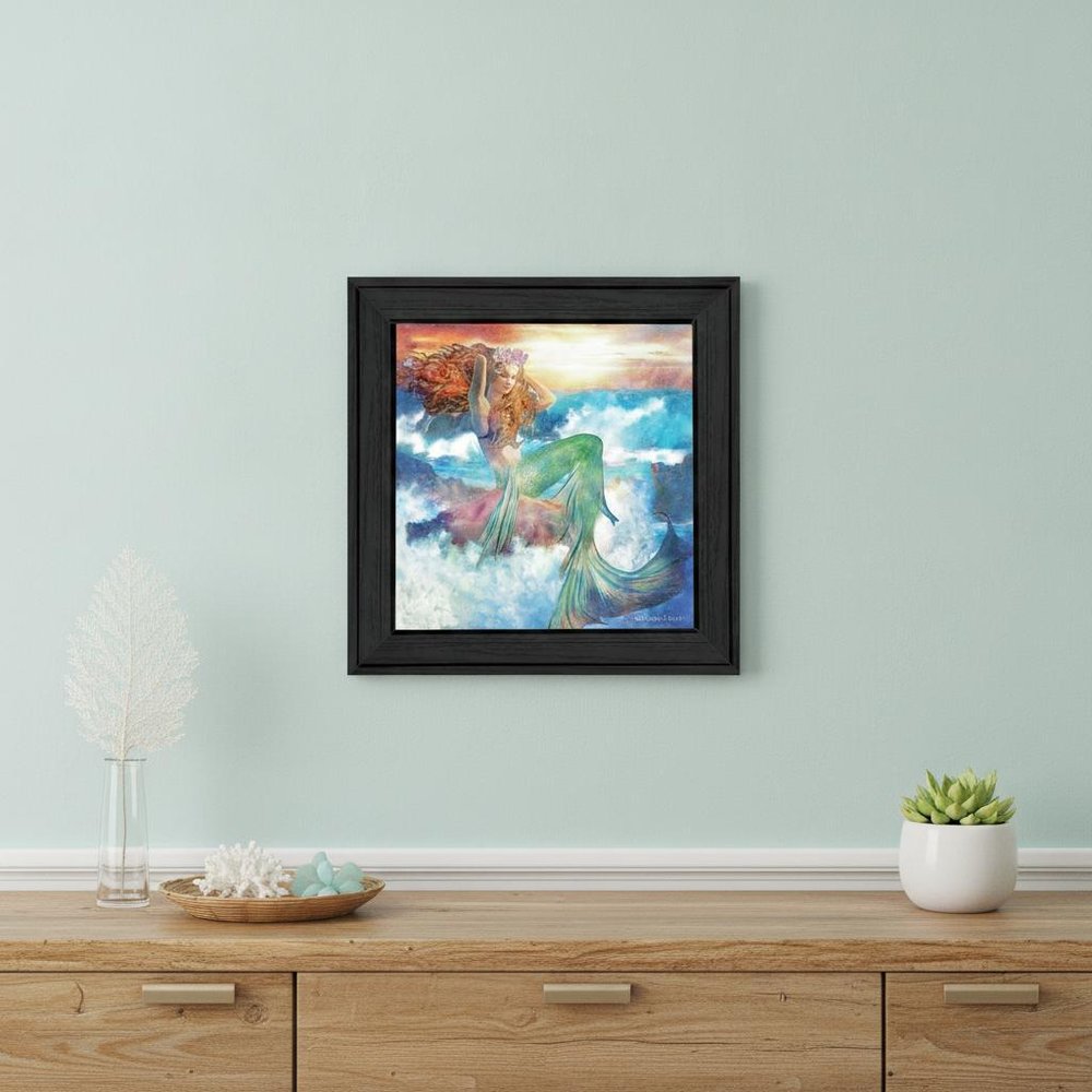 Sunset Mermaid 1 Black Framed Print Wall Art