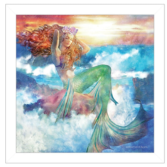 Sunset Mermaid 2 White Framed Print Wall Art