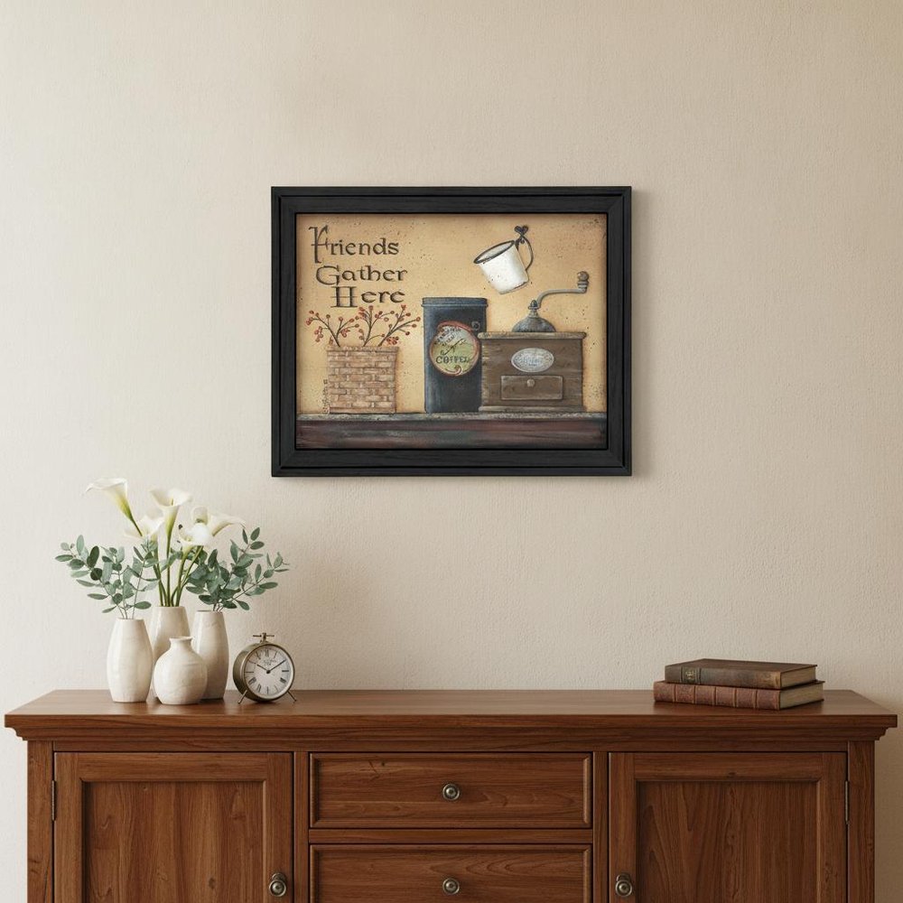 Friends Gather Here Black Framed Print Wall Art