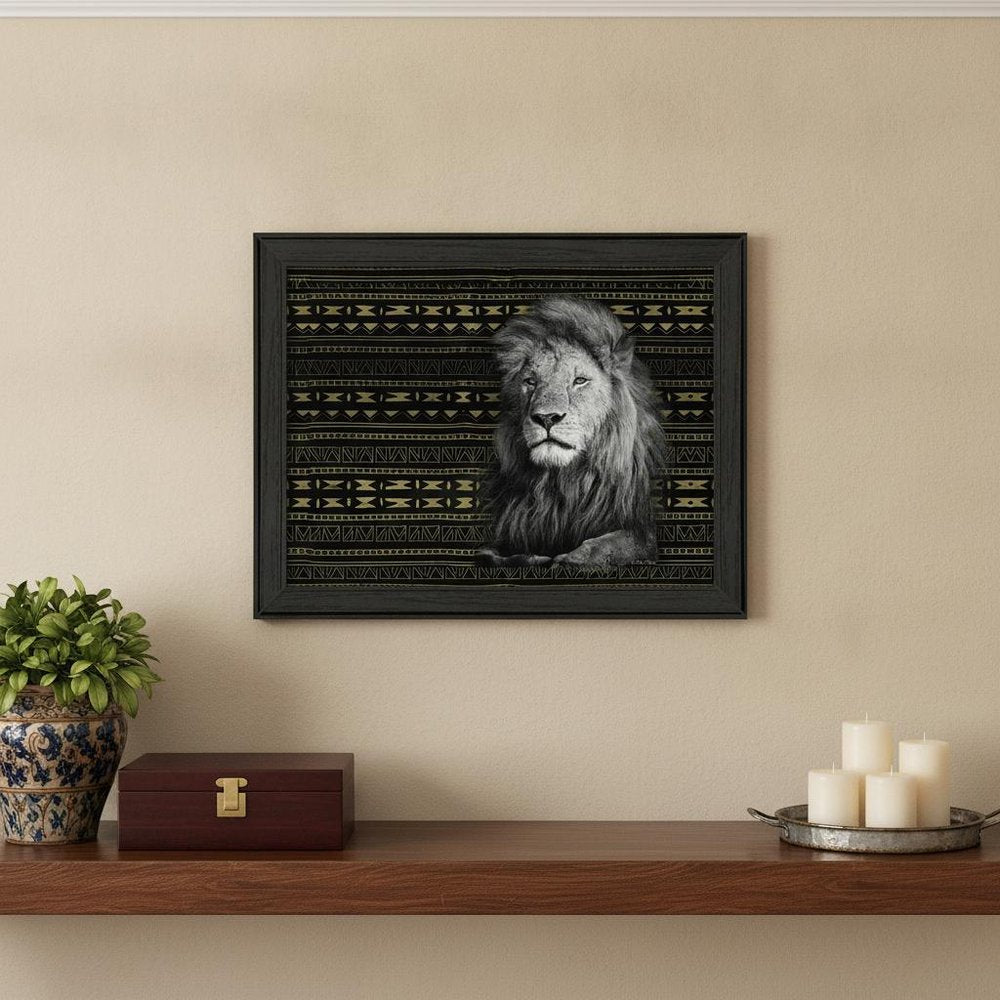 Patterned Lion Black Framed Print Wall Art