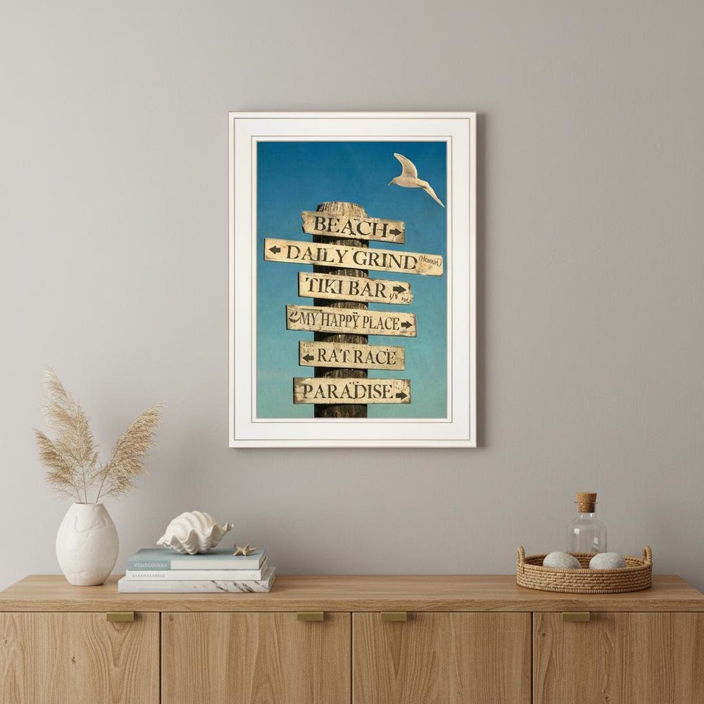 Beach Directional White Framed Print Wall Art