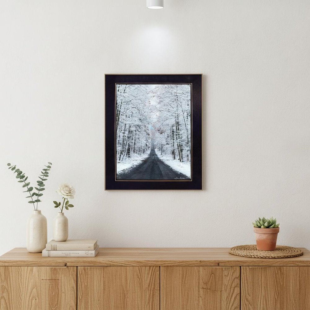 All Roads lead Home winter lane Black Framed Print Wall Art