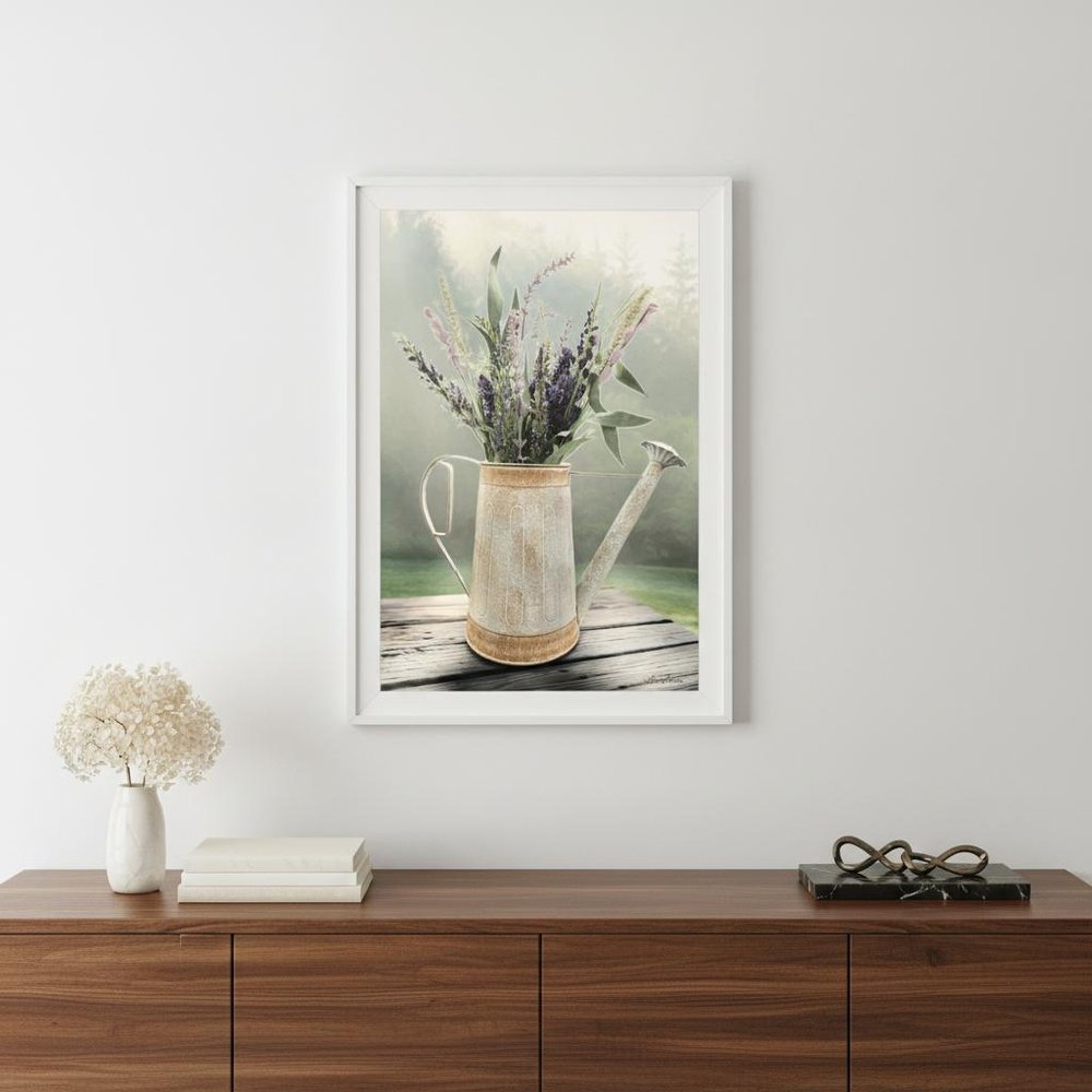 Lavender Watering Can 2 White Framed Print Wall Art