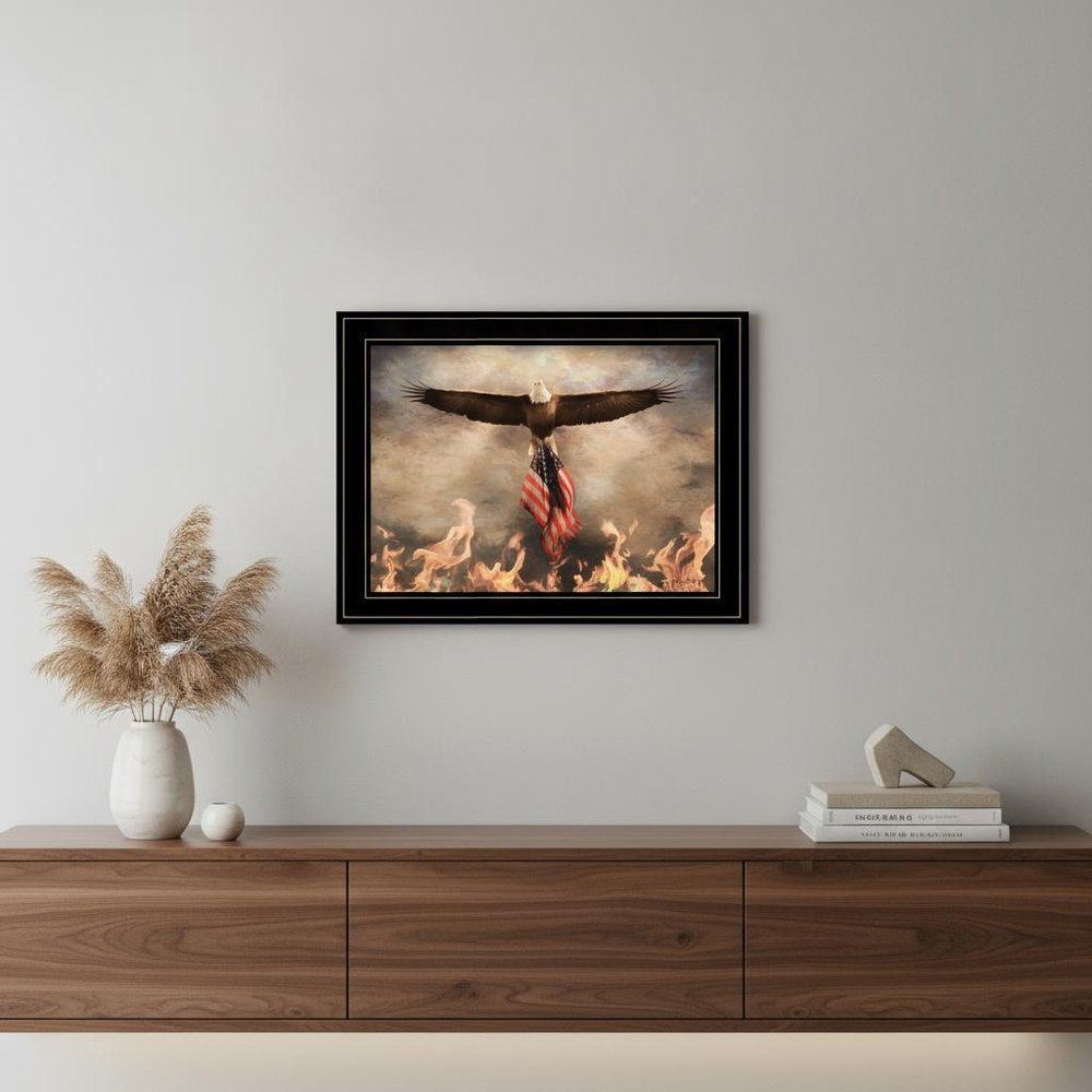 Bald Eagle Rescues The Flag Black Framed Print Wall Art