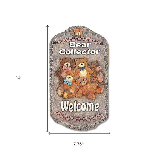 13" X 8" Gray Brown And Cream Bear Welcome Resin Wall Decor